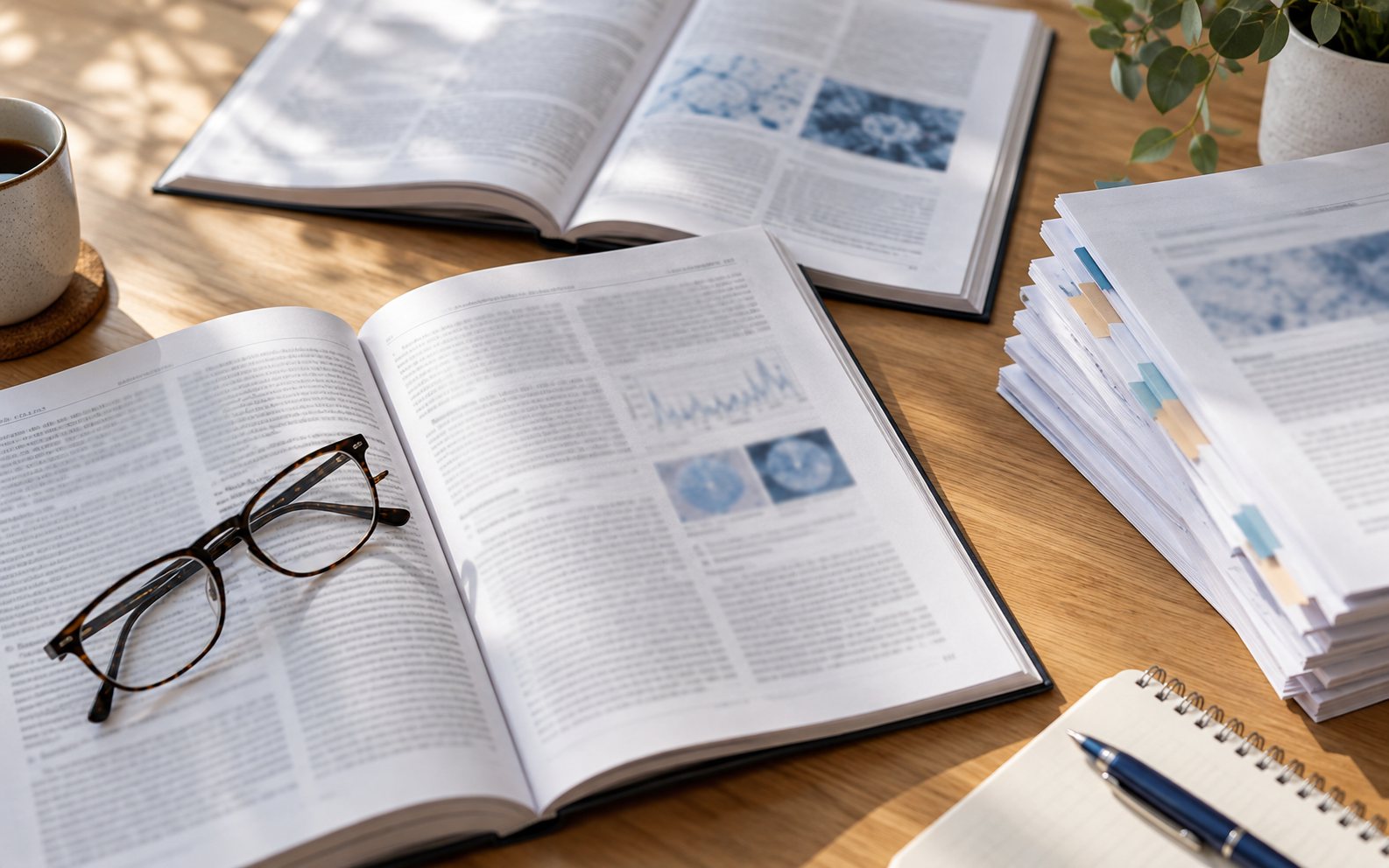 Open academic journals and printed research papers on a desk